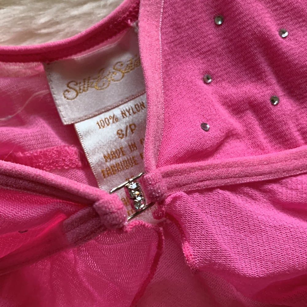 Silk&Satin pink sheer sparkling crystals open front chemise babydoll cami S - Picture 7 of 13